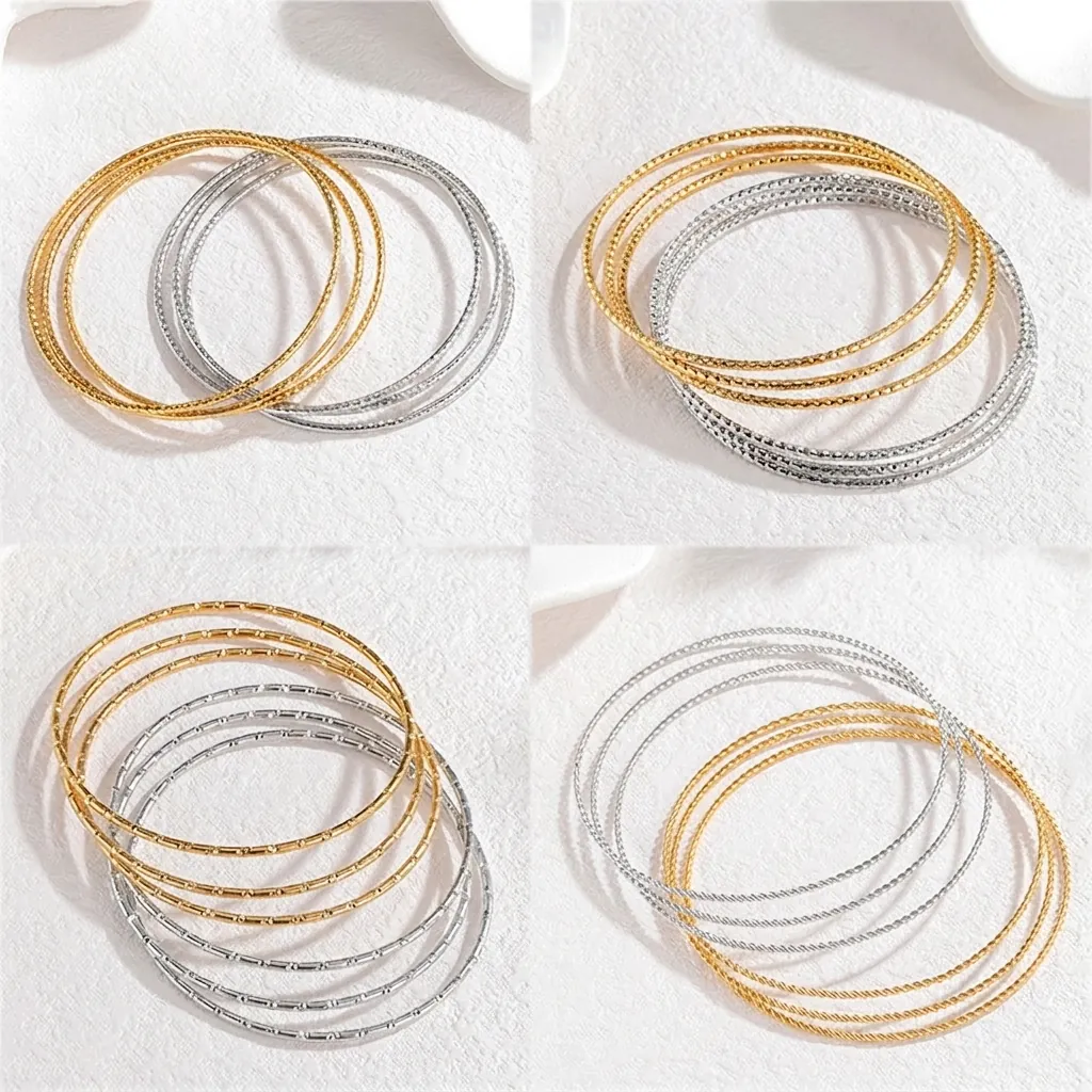 Jonc Minimaliste en Acier Inoxydable Géométrique Rond Or Argent Poli à Motifs Texturés Bracelet pour Femme Bijoux de Mode Cadeau