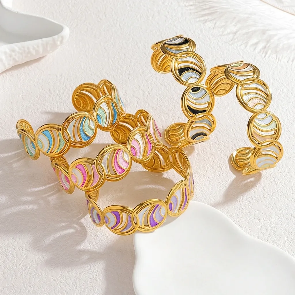 Luxury Stainless Steel Enamel Geometric Open Bangle For Women Gold Plated Hollow Oval Design Elegant Cuff Bracelet Jewelry