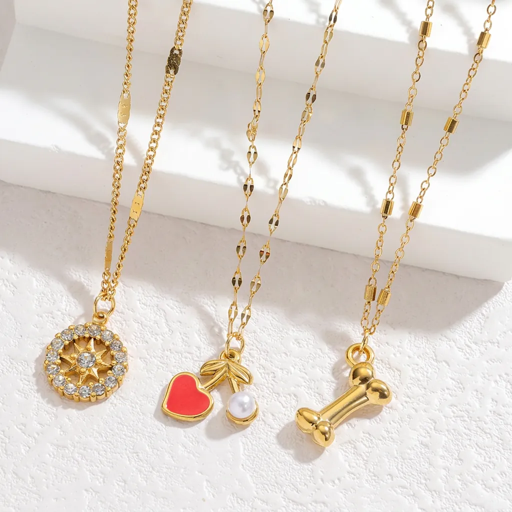 Gold Plated Stainless Steel Pendant Necklace Rhinestone Star Cherry Heart Artificial Pearl Bone Simple Fashion Women Jewelry