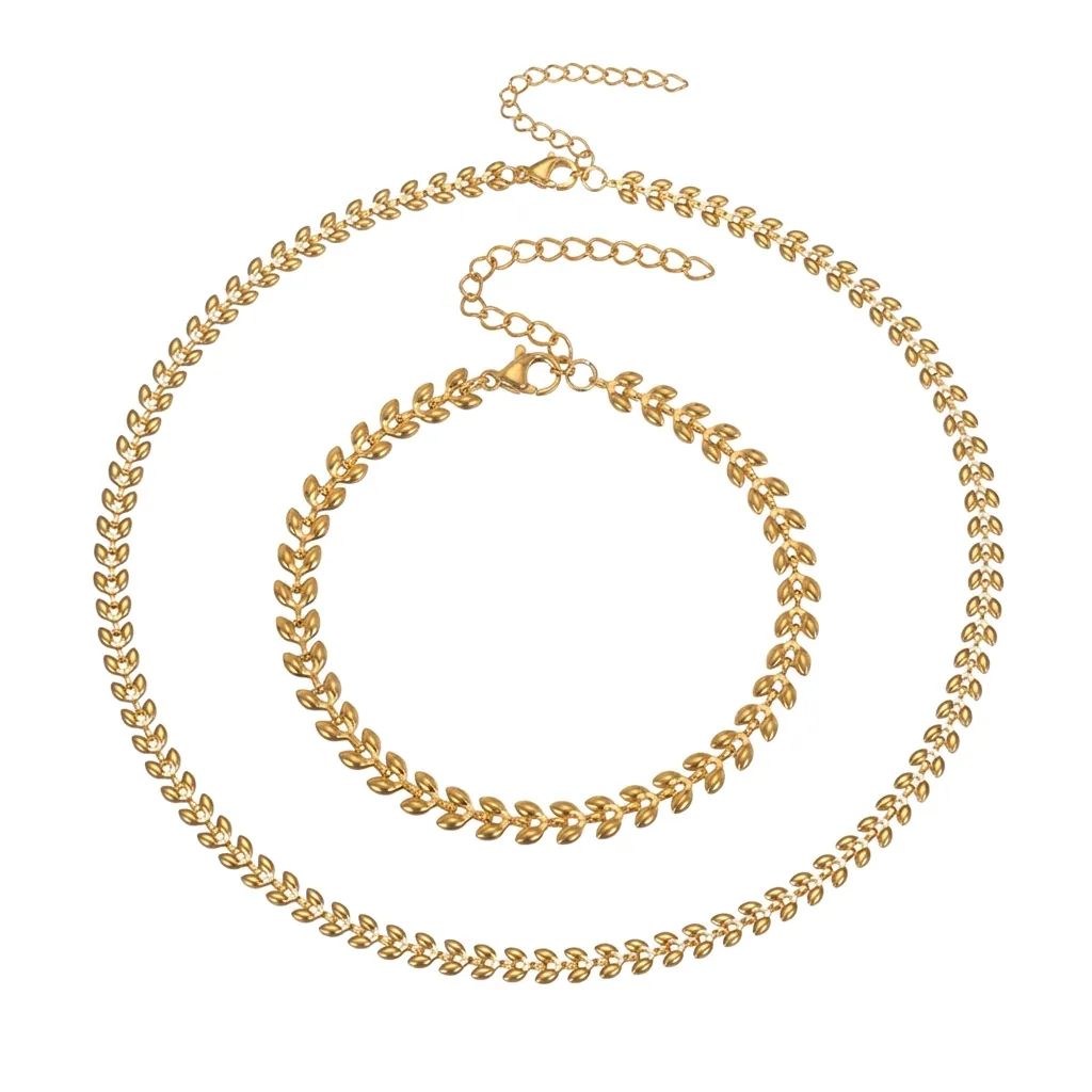 French Vintage Stainless Steel Wheat Ear Leaf Chain Necklace And Bracelet For Women Light Luxury Gold Plated Fashion Jewelry