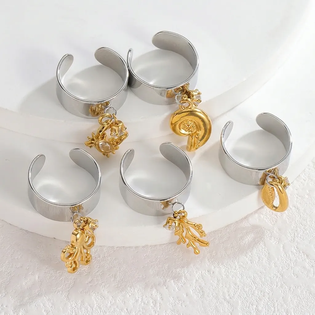 Bague Ouverte en Acier Inoxydable Thème Marin Animal de l'Océan Or Argent Crabe Poulpe Escargot Coquillage Zirconium Bijoux