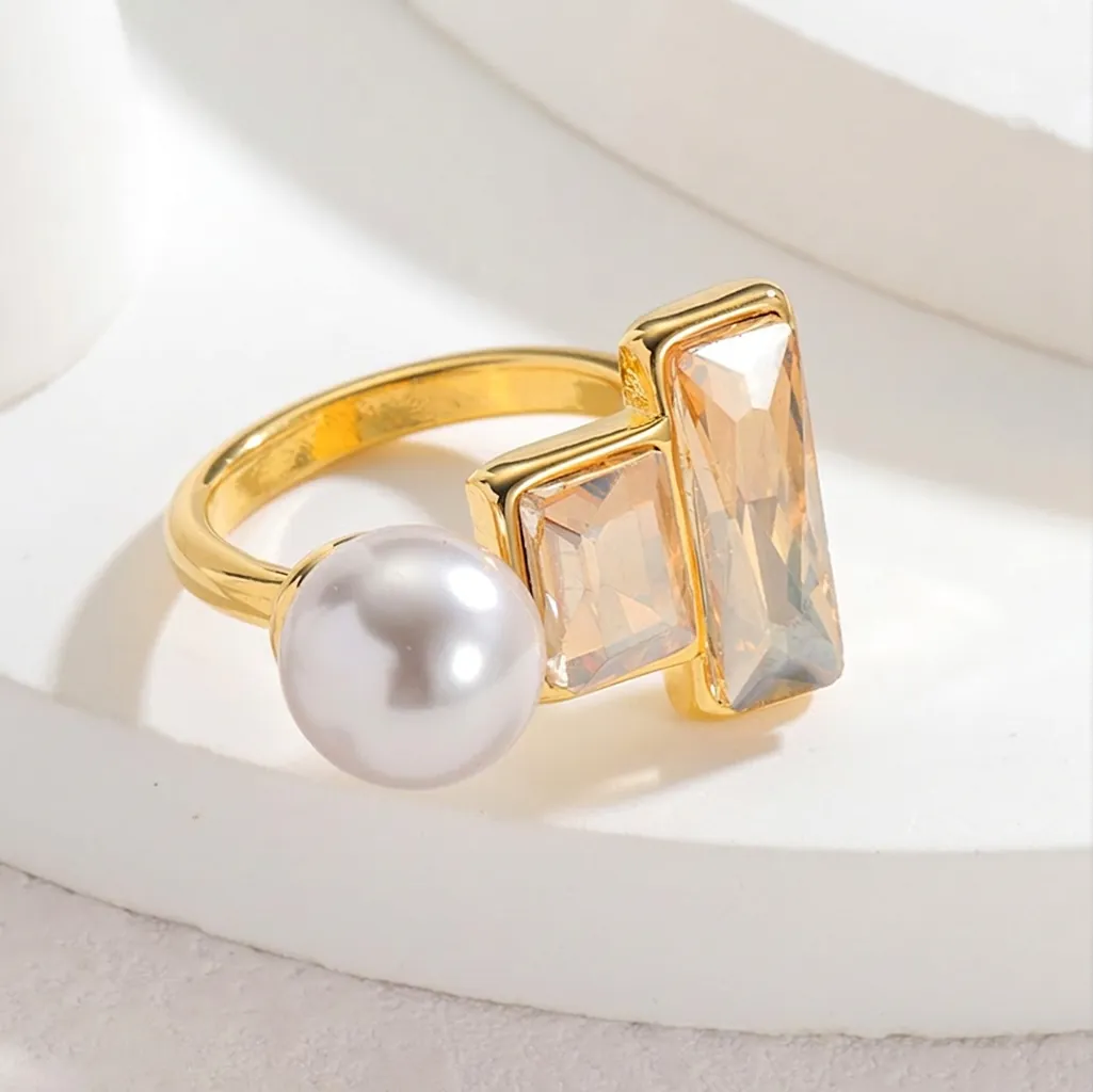 Vintage Geometric Zircon Artificial Pearl Adjustable Ring Stainless Steel Gold Plated Open Finger Ring For Women Fashion Jewelry