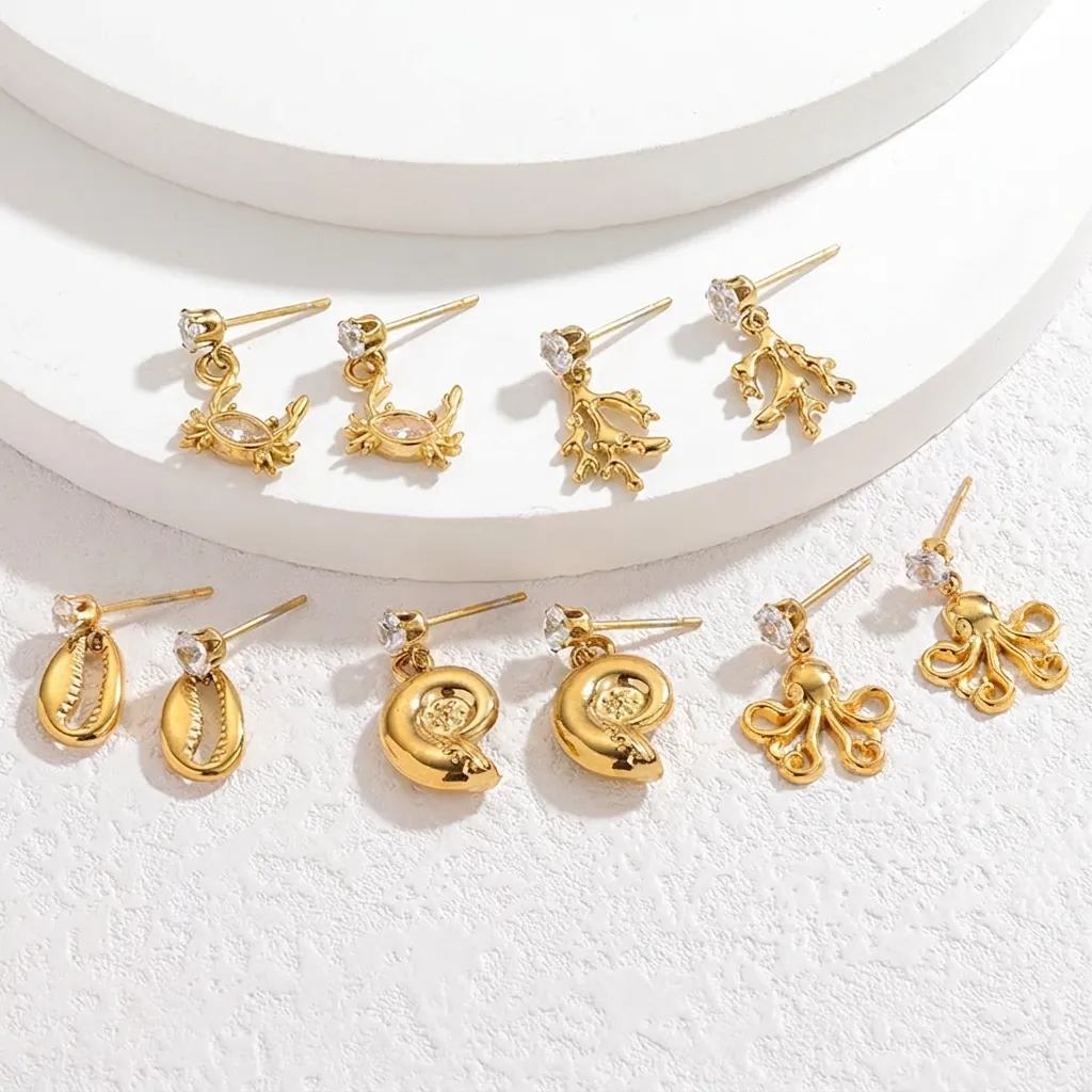 Luxury Stainless Steel Ocean Animal Drop Earrings For Women Gold Plated Octopus Crab Shell Coral Rhinestone Charm Earrings Jewelry
