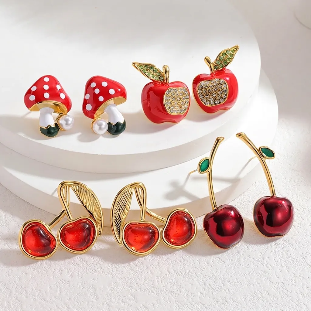 Fashion Stainless Steel Fruit Ear Studs Red Mushroom Cherry Apple Earrings For Women Rhinestone Artificial Pearl Jewelry Accessories
