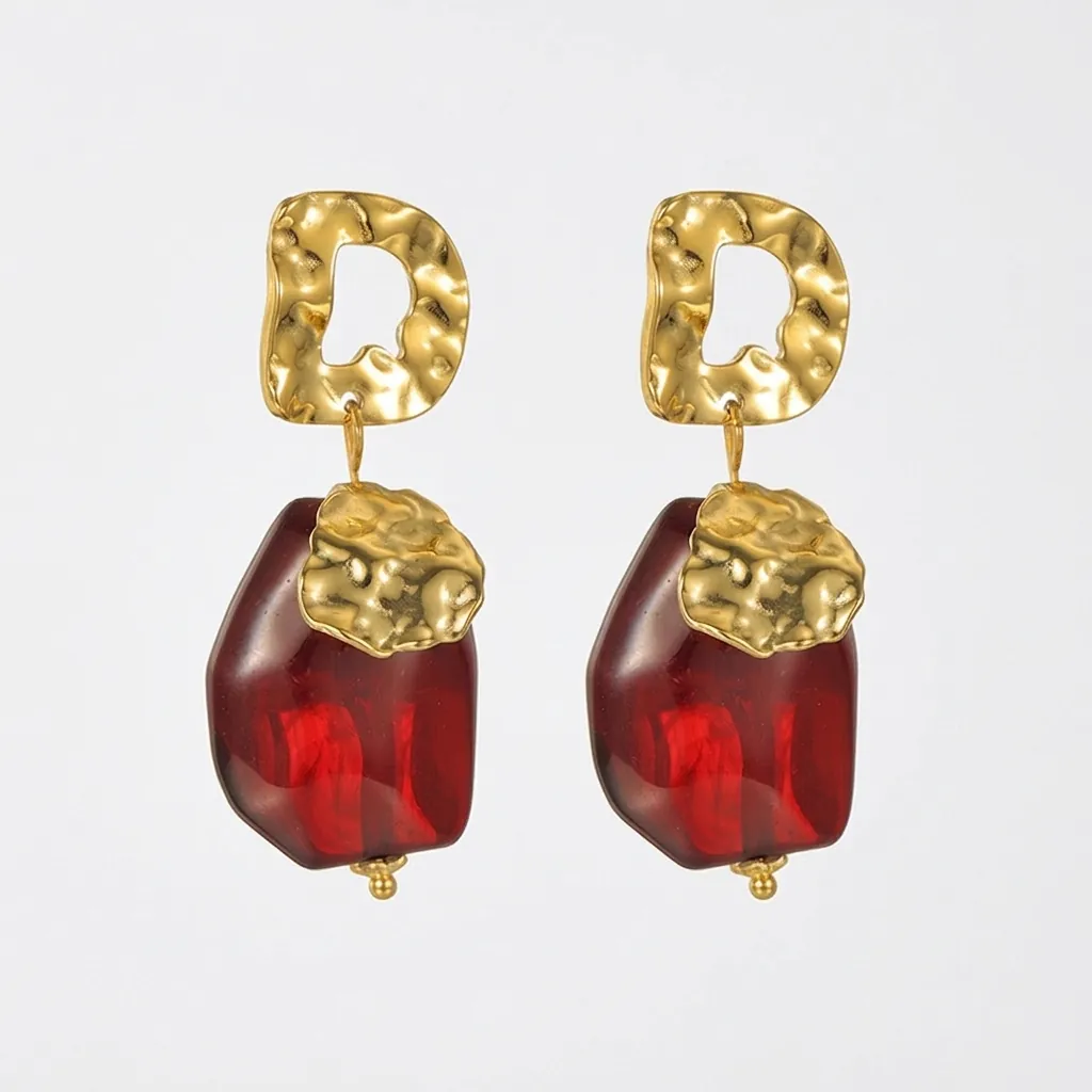 Vintage Stainless Steel Glass Red D-Shape Geometric Earrings For Women Wedding Party Luxury Elegant Jewelry Accessories