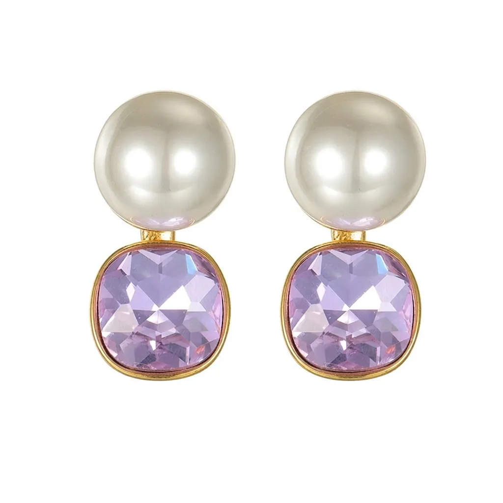 Élégantes Boucles d'Oreilles Clous en Zircon Violet et Künstliche Perle d'Imitation Acier Inoxydable Plaqué Or Carrées pour Femme Bijoux