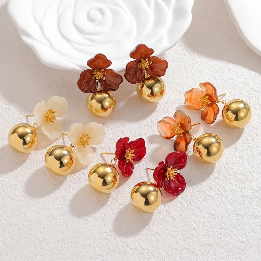 Vintage Flower Drop Earrings Stainless Steel Gold Ball Dangle Elegant Red White Floral Earrings For Women Fashion Jewelry