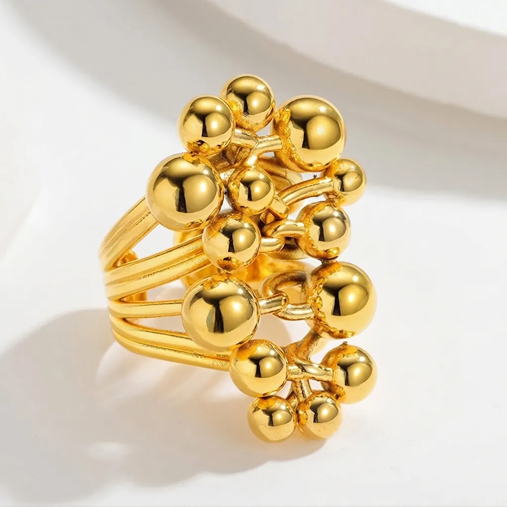 Vintage Edelstahl Gold Offener Ring Für Damen Kreative Rundperle Cluster Unregelmäßige Hohle Breite Band Schmuck