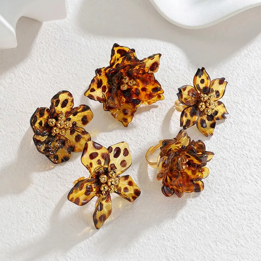 Leopard Print Flower Open Ring Stainless Steel Resin Amber Retro Light Luxury Adjustable Finger Ring For Women Fashion Jewelry