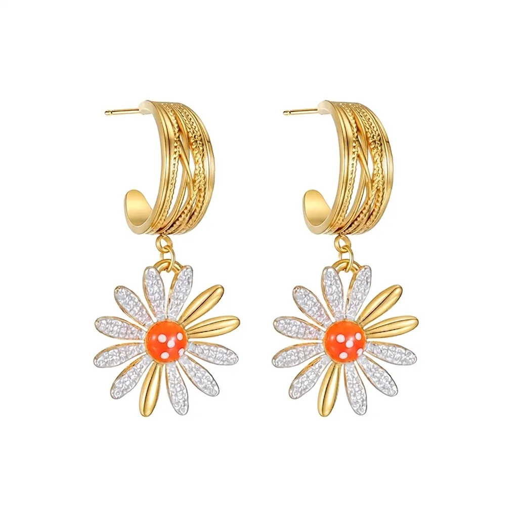 Elegant Stainless Steel Daisy Drop Earrings Gold Plated Rhinestone Daisy Flower Earrings For Women Fashion Jewelry Gift