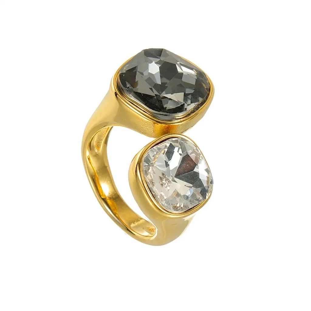 Luxury Stainless Steel Gold Plated Open Ring For Women Adjustable Square Zirconia Dual Stone Contrast Color Fashion Jewelry