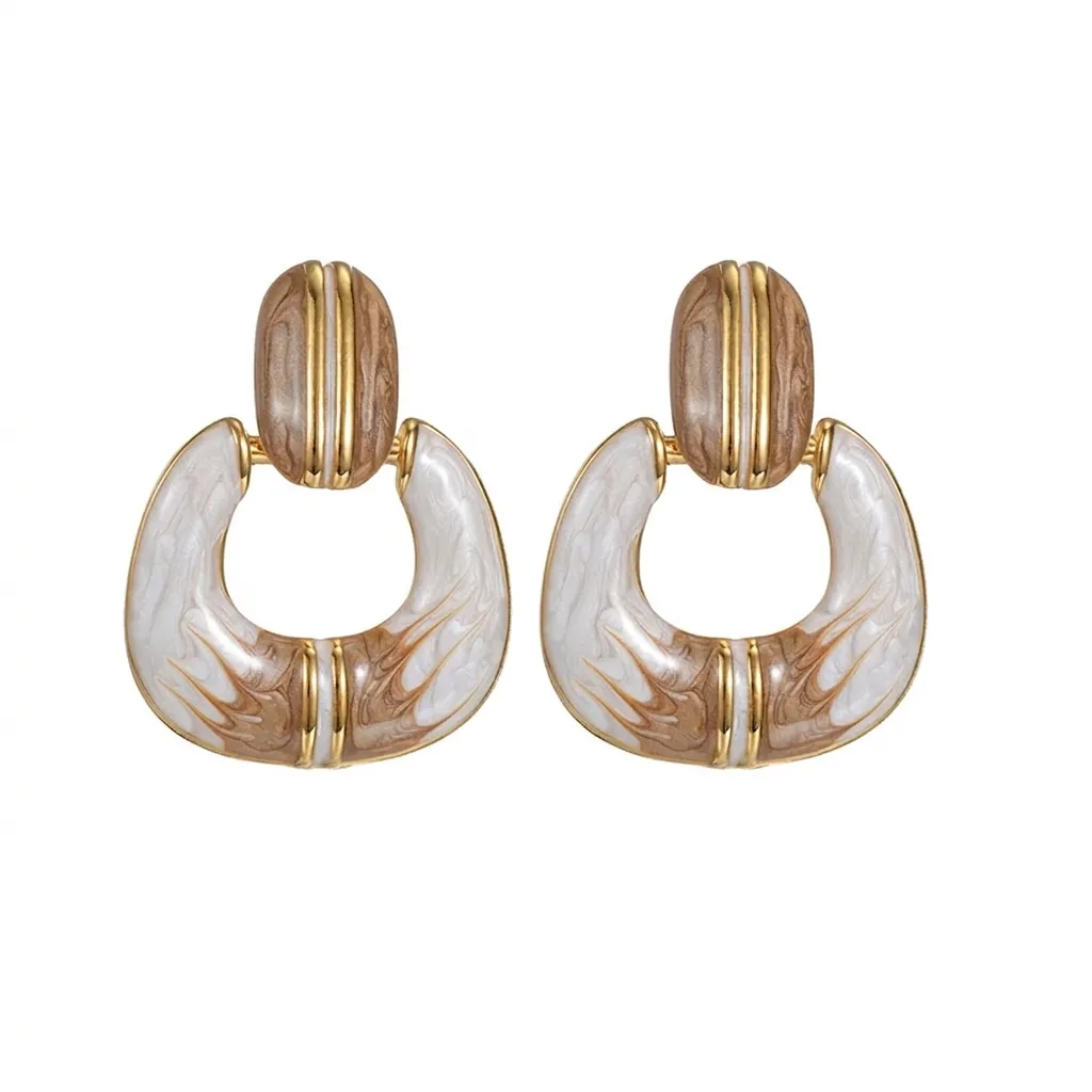 Vintage Français Acier Inoxydable Émail Boucles d'Oreilles Géométriques Creuses en Forme de C Texture Marbre pour Femmes Bijoux