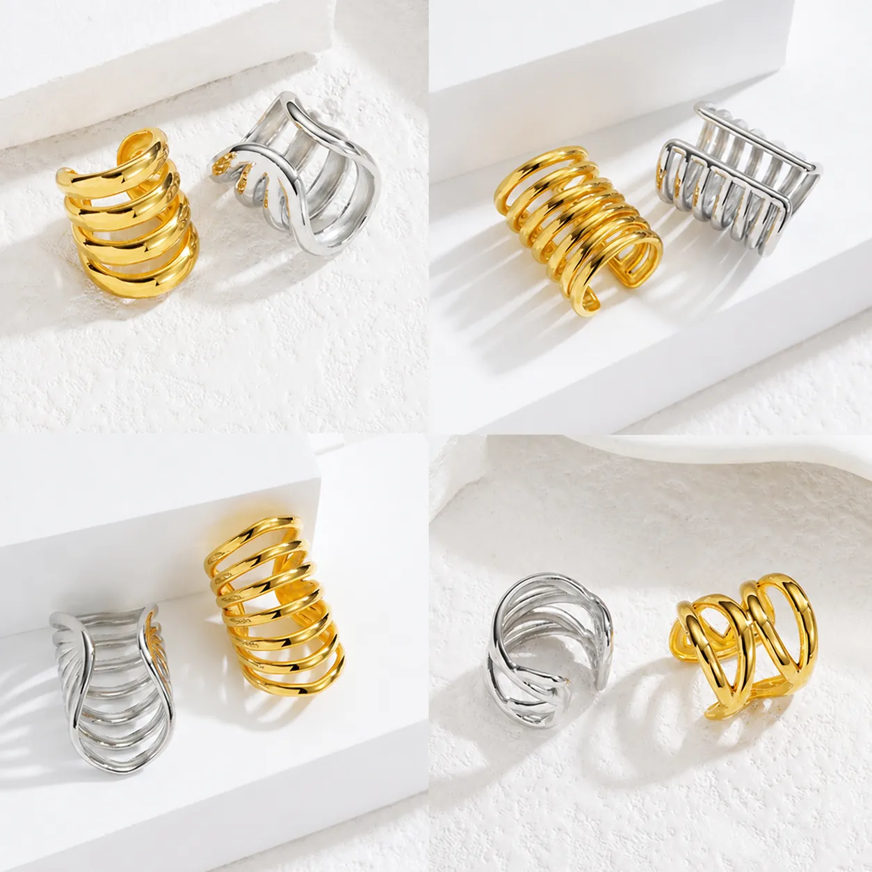 Minimalist Stainless Steel Multi Layer Hollow Line Ear Cuff Non Pierced Fashion Geometric Spiral Clip On Earrings For Women