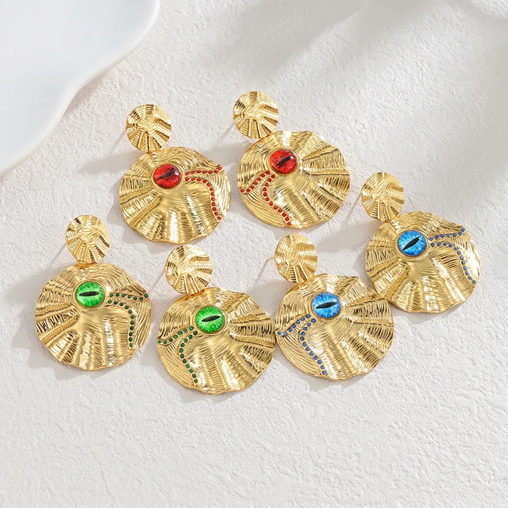 French Vintage Stainless Steel Evil Eye Round Drop Earrings Gold Plated Inlaid Turquoise Rhinestone For Women Party Jewelry