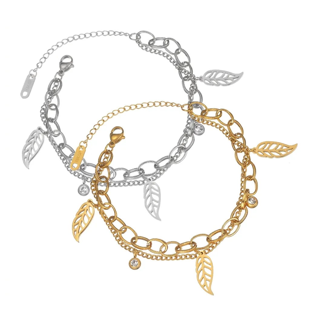 Bracelet Minimaliste en Acier Inoxydable avec Pendentif Feuille pour Femmes Élégant Double Couche Incrusté de Strass Bijoux Cadeau
