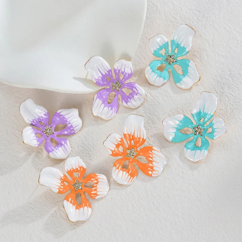 Elegante Edelstahl Emaille Blumen Ohrhänger Für Damen Kontrastfarben Strass Blumen Ohrstecker Mode Schmuck