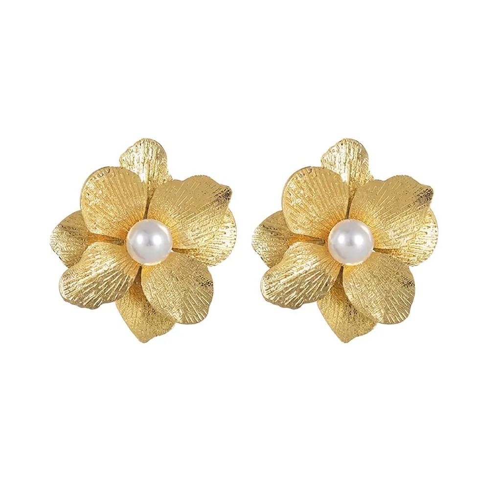 Elegante Edelstahl Blumen Ohrringe Mit Künstliche Perle Gold Gebürstete Textur Florale Ohrstecker Für Damen Täglicher Schmuck