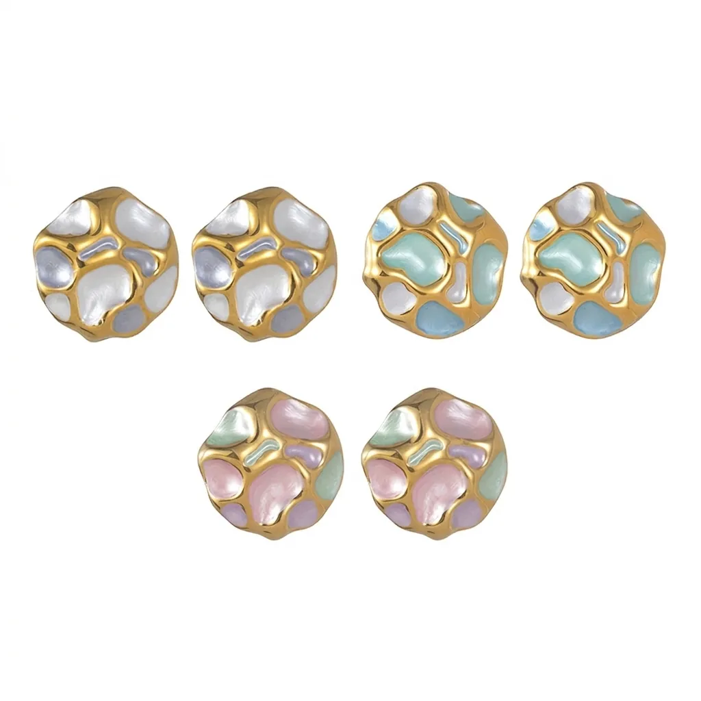 Irregular Wrinkled Round Enamel Stud Earrings For Women Stainless Steel Geometric Colorful Oil Drop Jewelry Gift Elegant