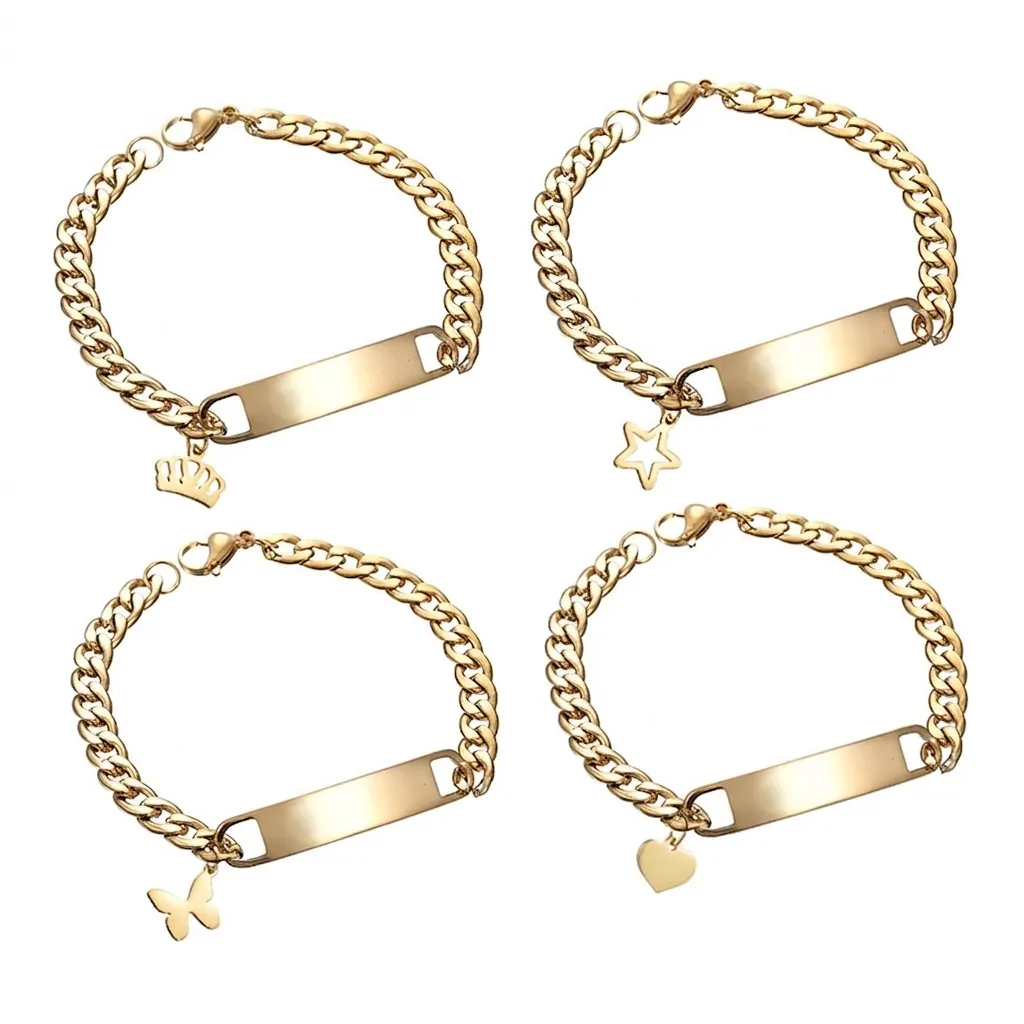 Bracciale a Catena Curb in Acciaio Inossidabile con Barra ID per Uomo Donna Piastra Lucida Corona Cuore Farfalla Stella Ciondolo Gioielli