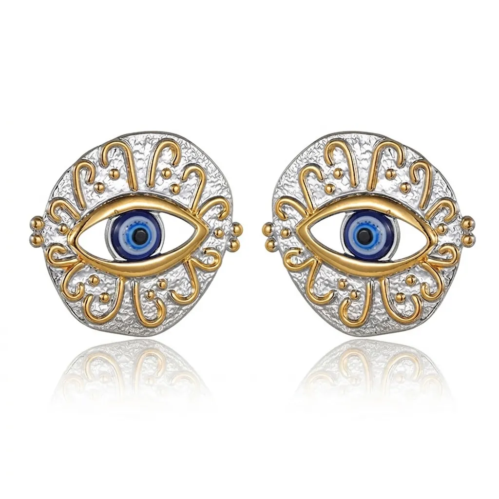 Boucles d'Oreilles Clous Œil du Mal en Acier Inoxydable Bohème Vintage Femme Ronde Irrégulière Texture Martelée Bijoux Mode