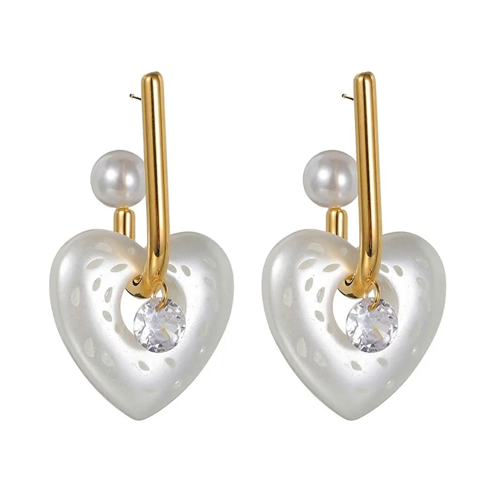 Orecchini Pendenti Cuore Svuotato in Acciaio Inossidabile Con Perla Artificial Zirconia Gioielli di Moda Geometrici Per Donne