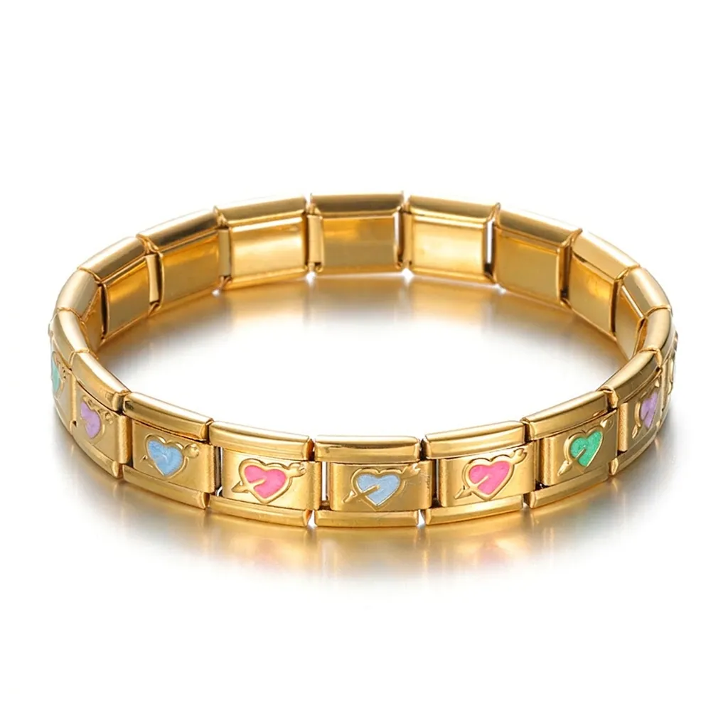 Bracelet Charm Italien Modulaire en Acier Inoxydable Or pour Femmes Bracelet à Maillons en Émail Coloré Cœur Flèche de Cupidon