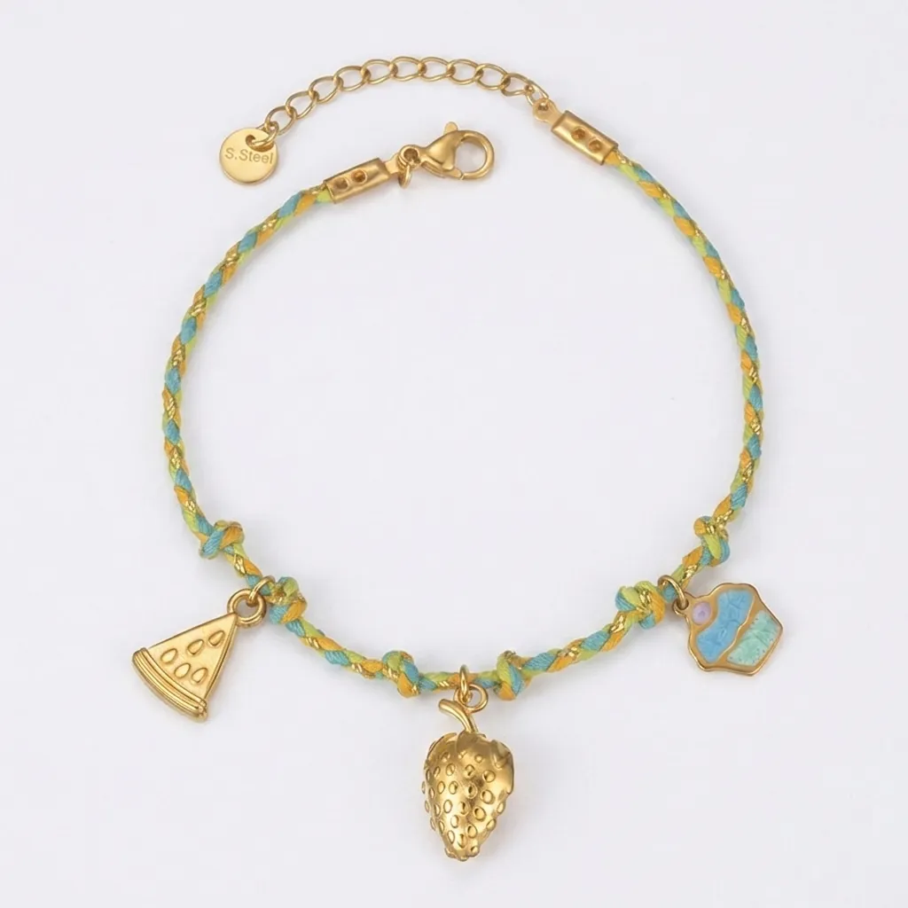 Stainless Steel Fruit Pendant Braided Rope Bracelet Bohemian Summer Jewelry For Women Multicolor Strawberry Sun Charm Accessory
