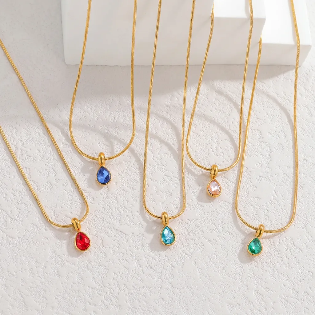 Minimalist Stainless Steel Teardrop Pendant Necklace For Women Gold Plated Snake Chain Waterdrop Rhinestone Clavicle Chain Jewelry