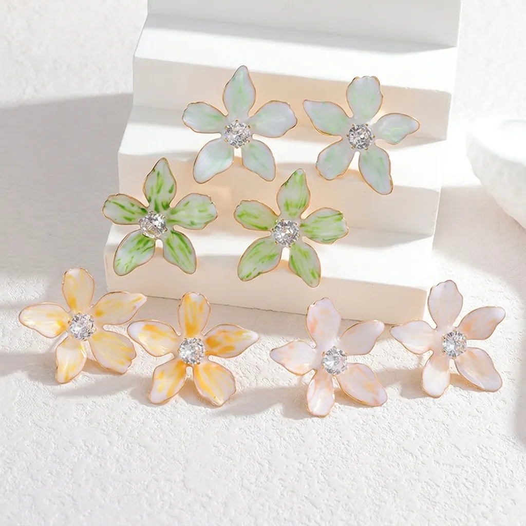 Korean Style Fresh Enamel Flower Stud Earrings Stainless Steel Zirconia Floral Ear Studs For Women Sweet Vacation Jewelry