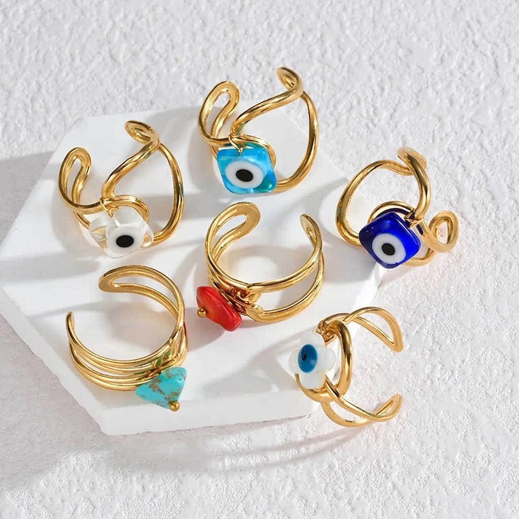 Stainless Steel Evil Eye Open Ring Gold Plated Rhinestone Boho Adjustable Hollow Winding Finger Ring For Women Jewelry