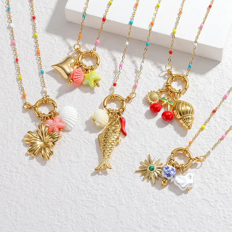 Women's Sweet Stainless Steel Pendant Necklace Colorful Rice Bead Chain Ocean Sea Snail Heart Flower Fish Star Charm Necklace Bohemian Vacation Jewelry