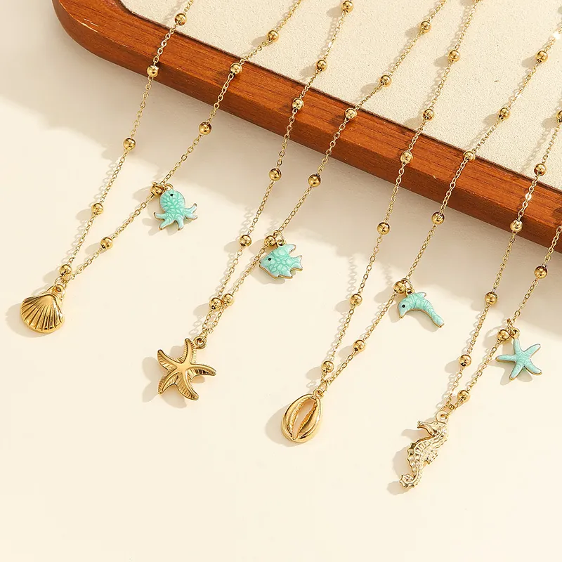 Stainless Steel Ocean Theme Necklace Gold Plated Seahorse Starfish Shell Dolphin Pendant Summer Vacation Women Jewelry