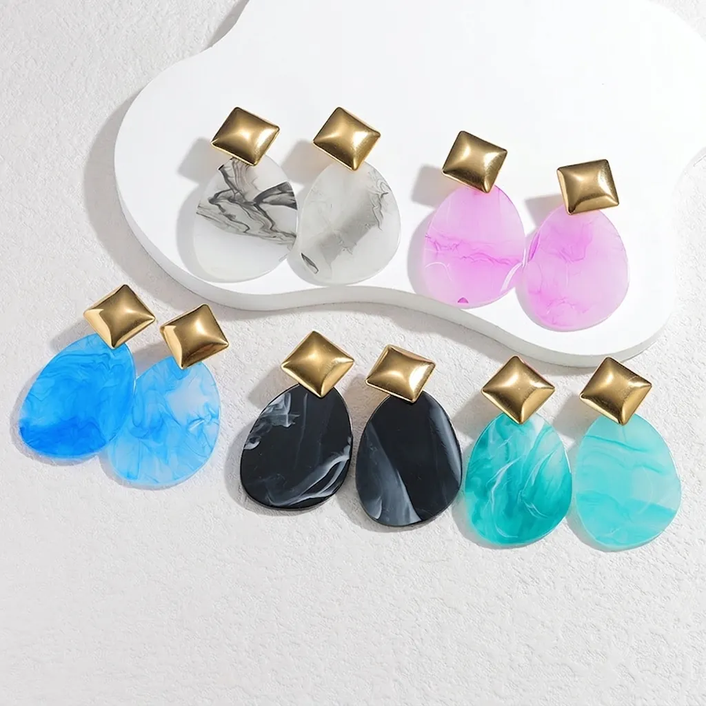 Modern Women Geometric Acrylic Dangle Earrings Stainless Steel Post Marble Texture Resin Drop Earrings Fashion Jewelry Accessories