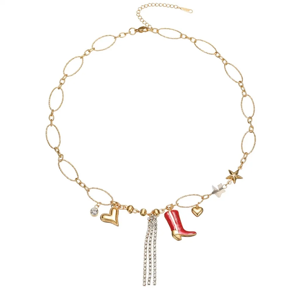 Collier Vintage En Acier Inoxydable Plaqué Or Avec Breloques Bottine Cœur Étoile En Émail Rouge Et Glands En Strass Femme