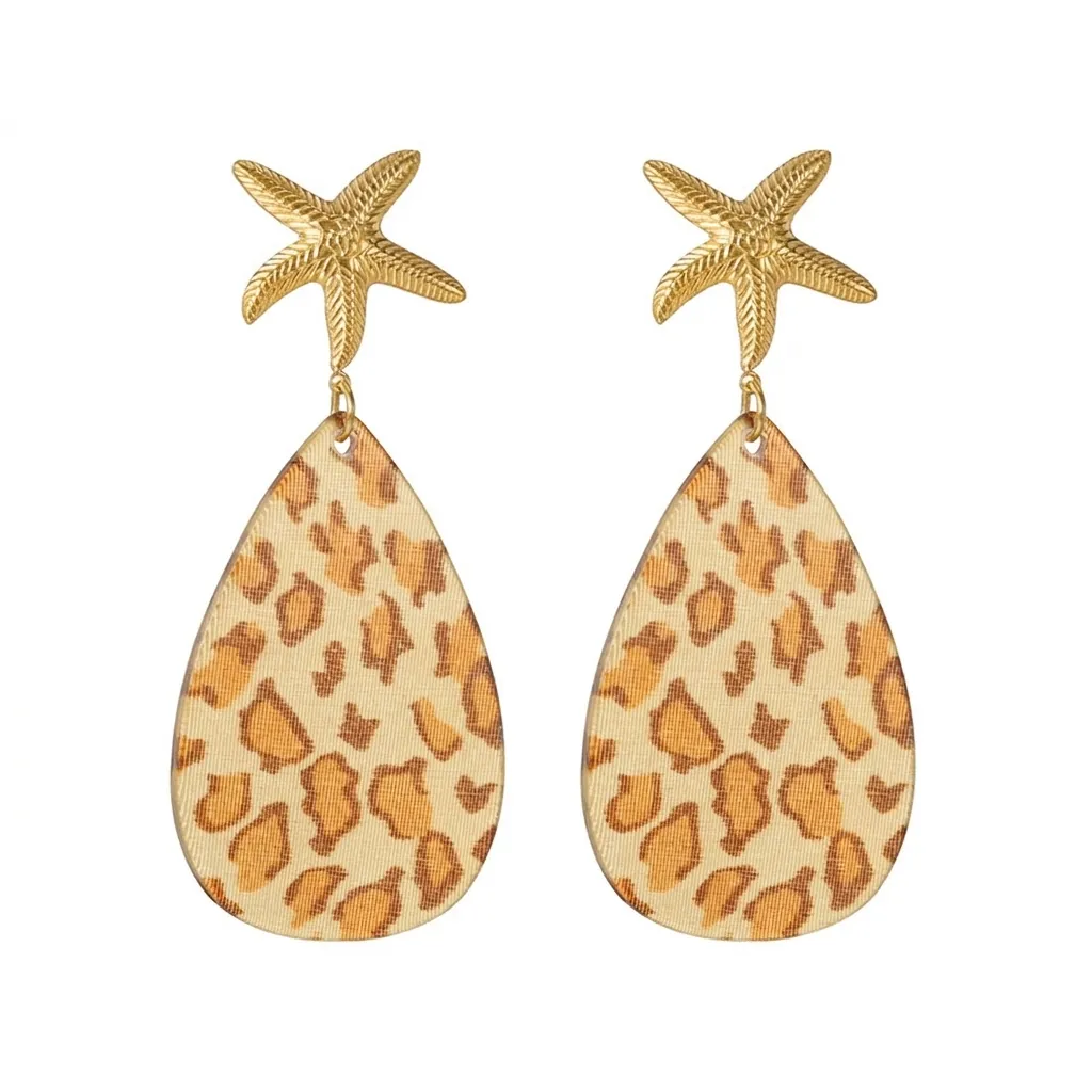 Orecchini a Pendente Bohemien a Forma di Stella Marina e Goccia d'Acqua Leopardati in Lega di Acciaio Inossidabile per Donna