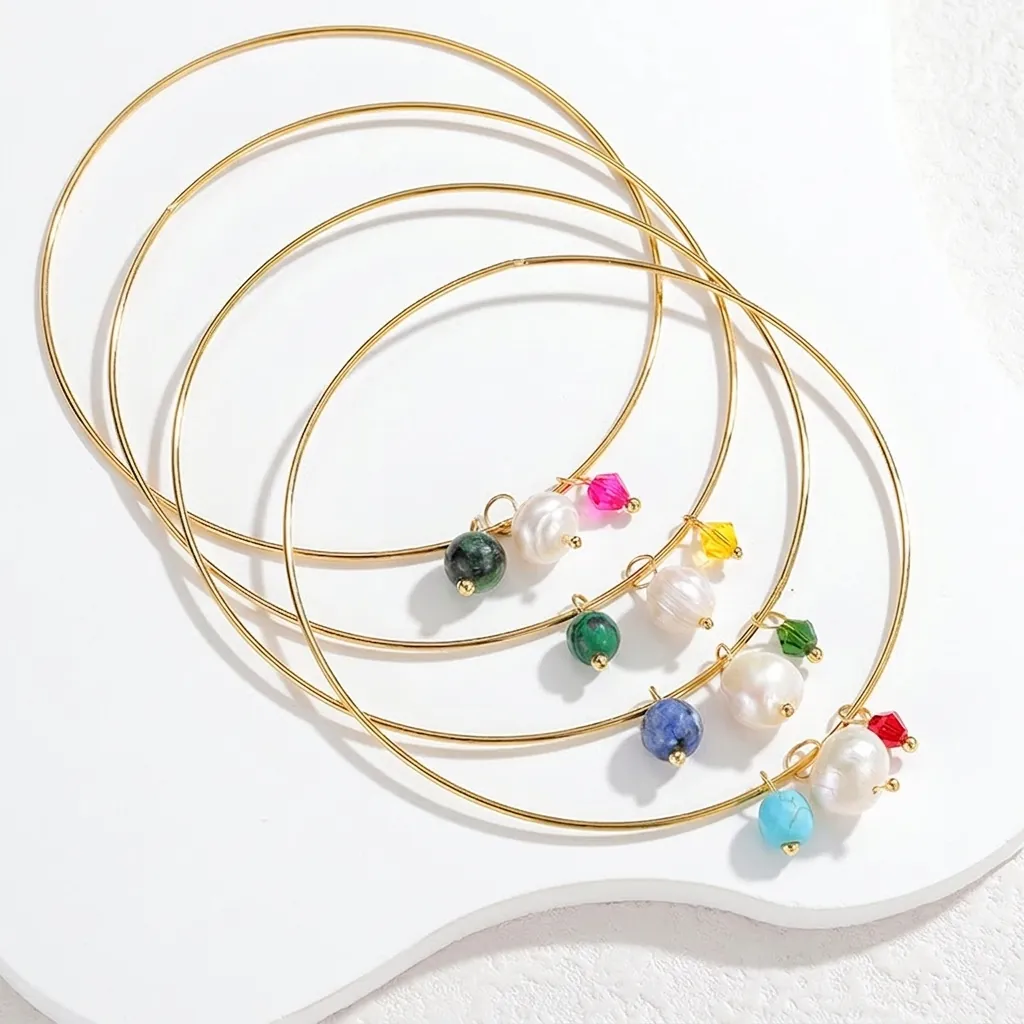 Minimalist Gold Plated Stainless Steel Bangle Bracelet For Women With Artificial Pearl Natural Stone And Crystal Pendant Bohemian Jewelry