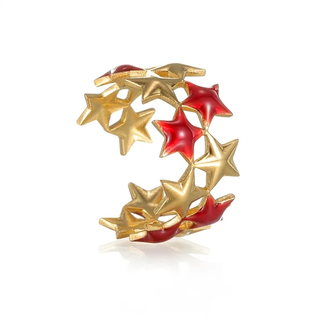 Gold Plated Stainless Steel Red Enamel Star Ring Layered Hollow Five-Pointed Star Adjustable Open Ring Fashion Jewelry For Women