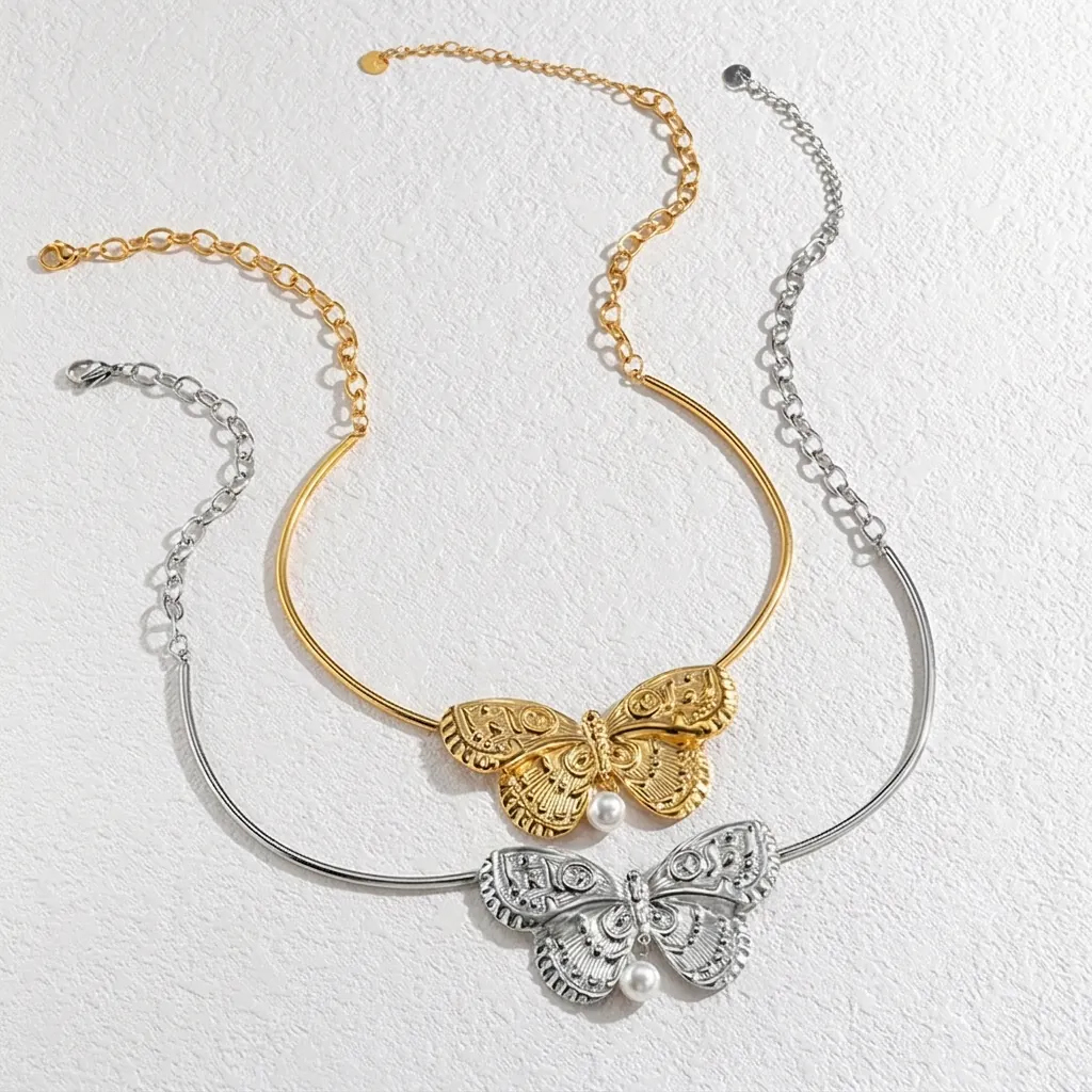 Choker Pendentif Papillon Künstliche Perle Vintage Acier Inoxydable Or Argent Elégant Collier Ajustable Bijoux Mode Femme