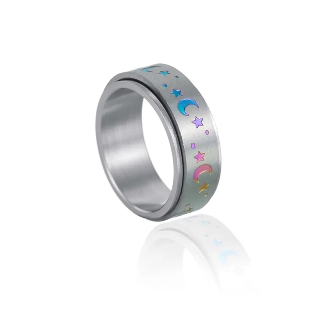 Stainless Steel Star Moon Spinner Ring Stress Relief Rotating Band Rainbow Gradient Anxiety Celestial Unisex Fashion Jewelry