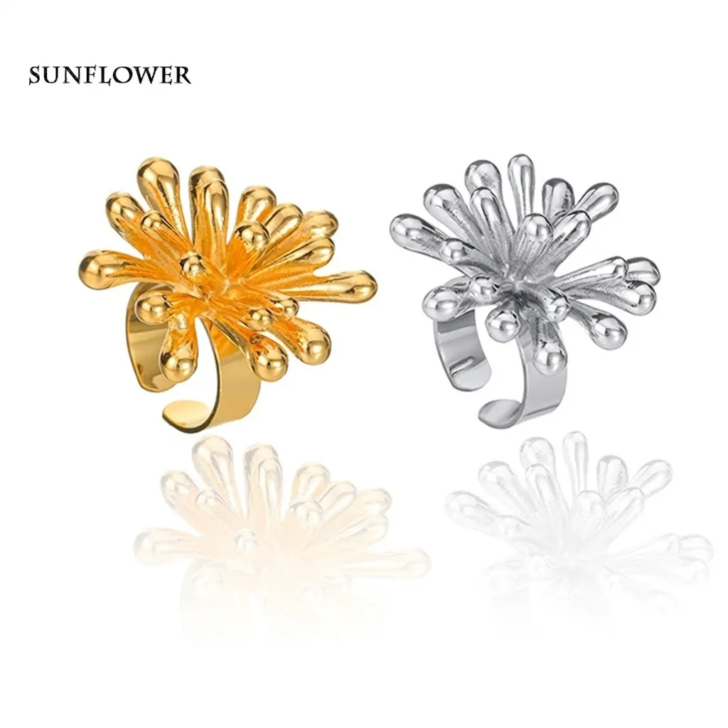 Stainless Steel Flower Open Ring Adjustable 3D Floral Sunflower Minimalist Aesthetic Fashion Jewelry For Women Gift