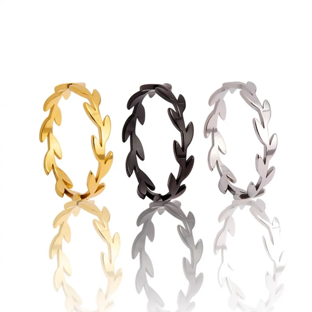 Élégante Bague en Acier Inoxydable Feuille d'Olivier pour Femme Bague Branche Ajourée Minimaliste Or Argent Noir Bijoux