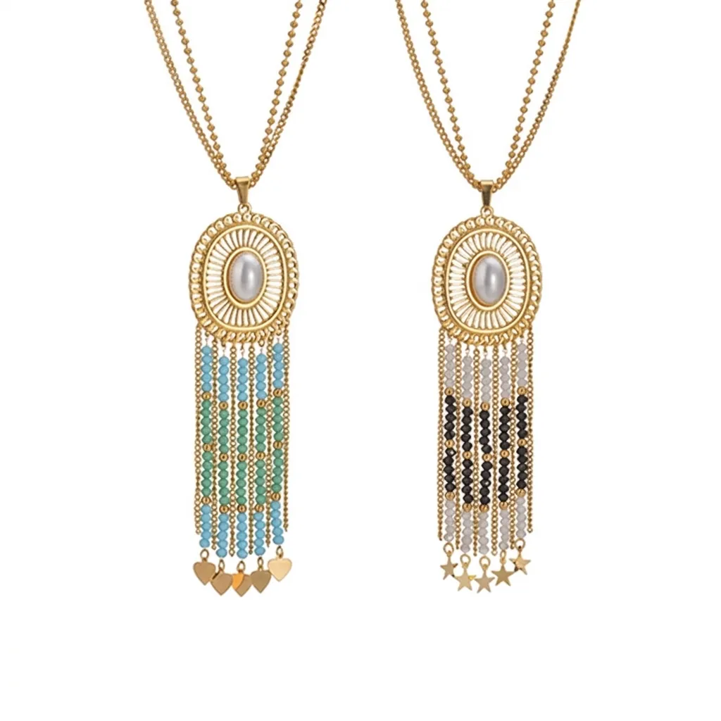 Boho Lange Quaste Anhänger Halskette Edelstahl Kunstperle Hohl Oval Ethnisch Pulloverkette Damen Schmuck