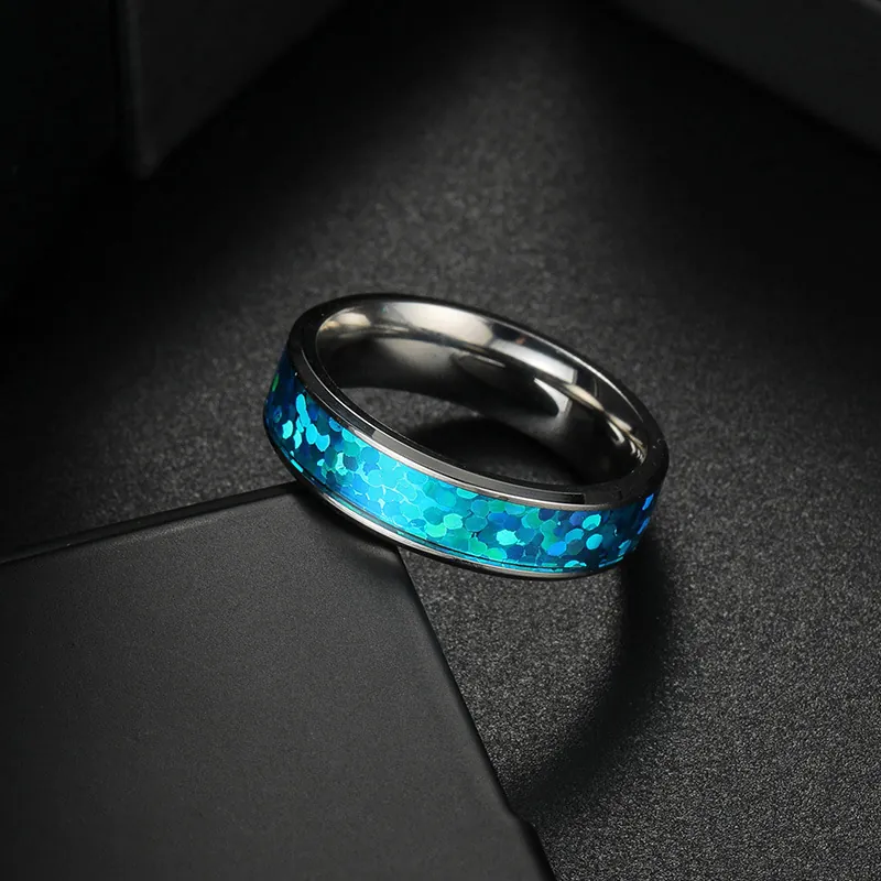 Fashion Stainless Steel Ring For Men Women Inlaid Blue Crushed Opal Band Ring Polished Minimalist Jewelry Gift For Unisex