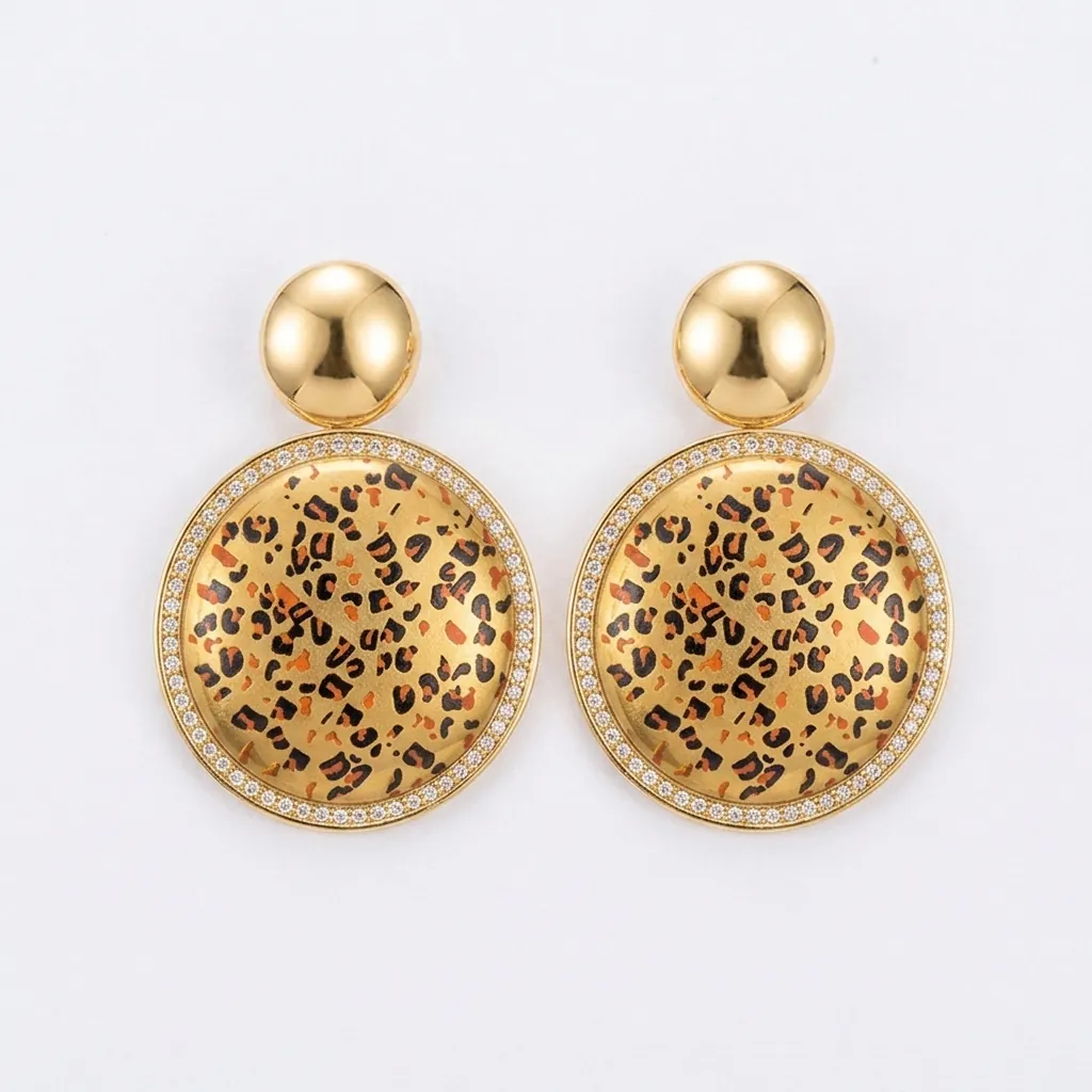 Vintage Leopard Print Round Stud Earrings For Women Stainless Steel Rhinestone Inlaid Geometric Circle Earrings Fashion Jewelry