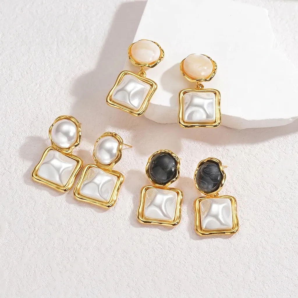 Boucles d'Oreilles Élégantes Géométriques Carrées Rondes En Acier Inoxydable Künstliche Perles De Culture Vintage Français Plaquées Or Résine Pour Femme