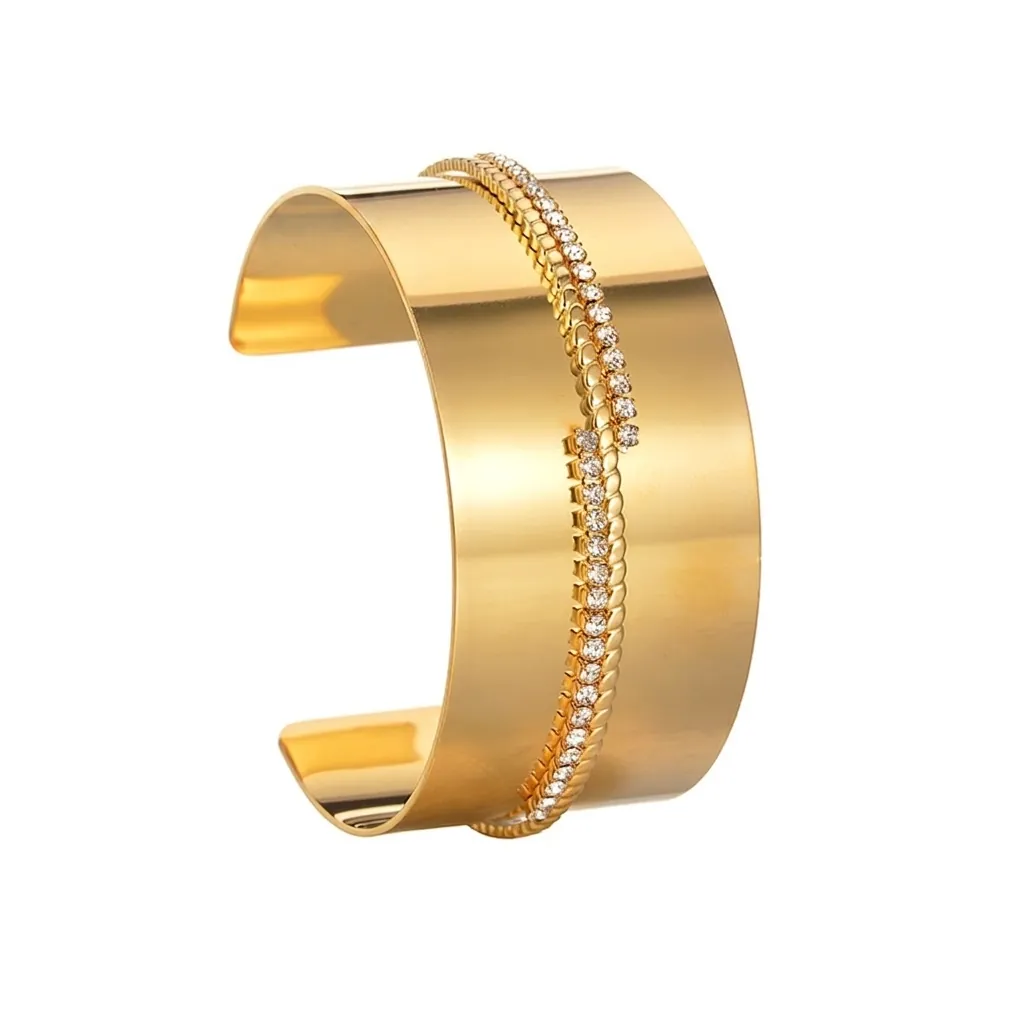 Lussuoso Bracciale Rigido Aperto in Acciaio Inossidabile con Zirconia Oro Largo Strass Geometrico per Donna Festa Quotidiano