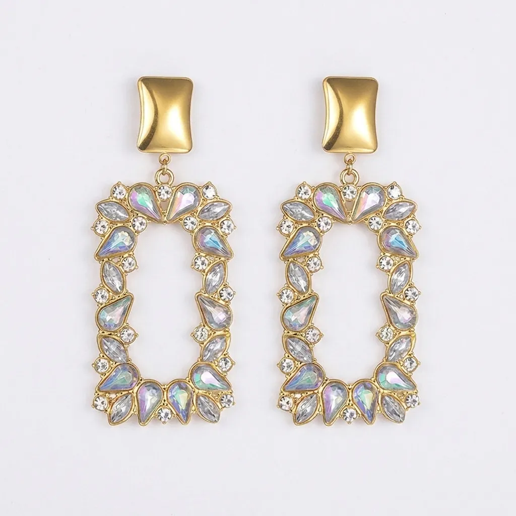 Vintage Stainless Steel Geometric Square Drop Earrings For Women Luxury Rhinestone Inlaid Golden Fashion Statement Jewelry