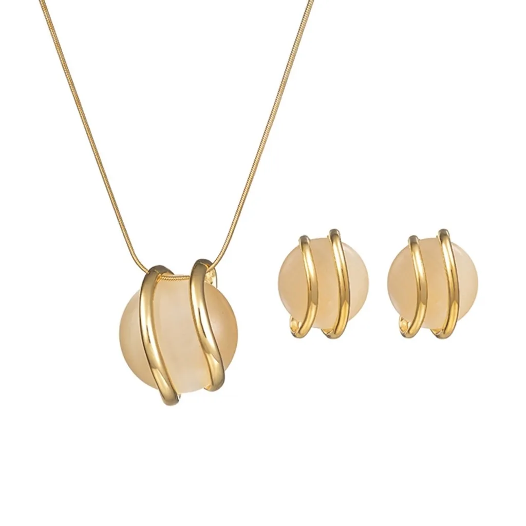 Minimalist Stainless Steel Jewelry For Women Gold Round Cat's Eye Stone Pendant Necklace And Stud Earrings Fashion Accessory