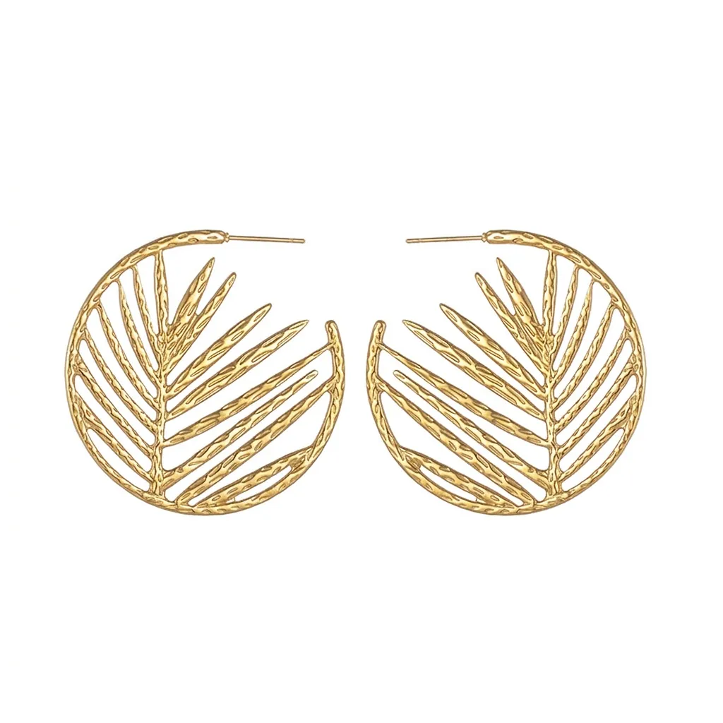 Stainless Steel Gold Palm Leaf Hollow Hoop Earrings For Women Personality Exaggerated Round Leaf Jewelry Daily Party Accessories