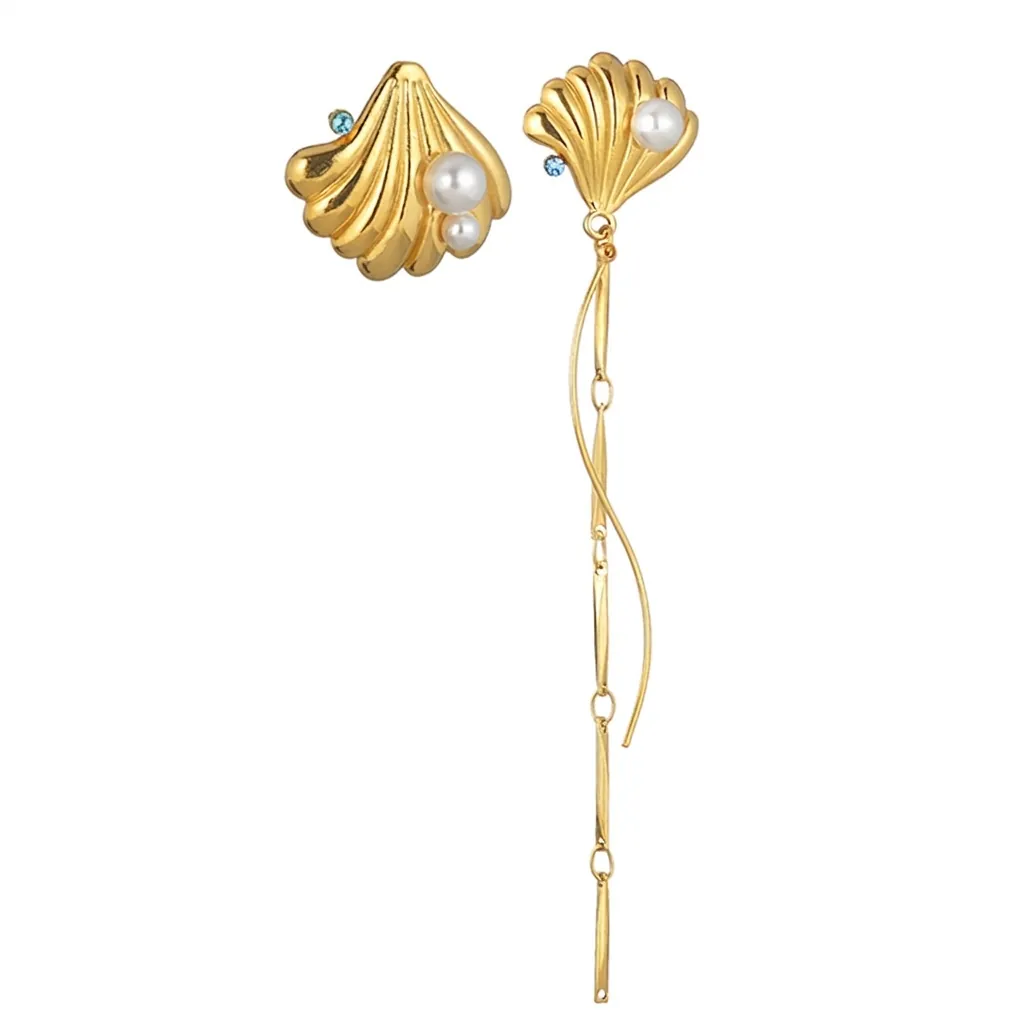 Elegant Stainless Steel Asymmetrical Shell Artificial Pearl Tassel Earrings Blue Zirconia Shell Drop Earrings For Women Jewelry